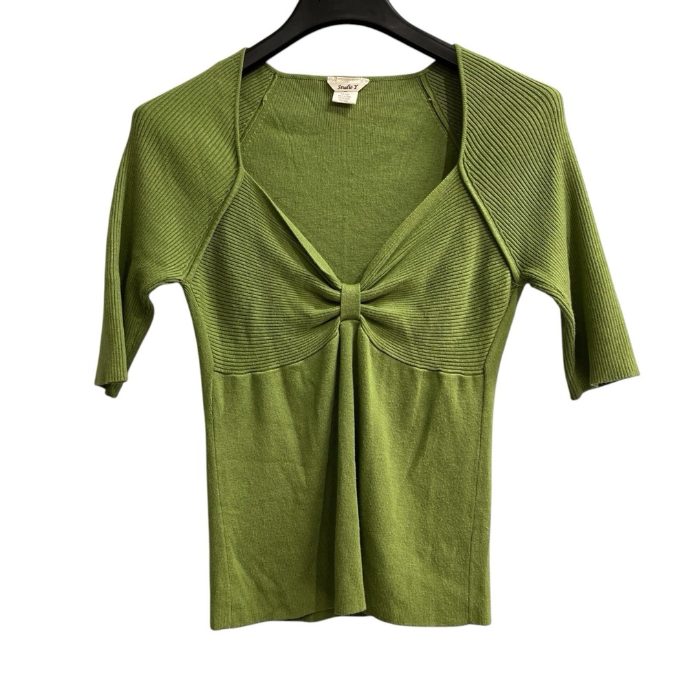 Studio Y Y2K Top Green Ribbed Knit Fitted Knot Babydoll Size M Preppy Coquette